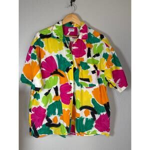 90s Esprit Green Pink Tropical Print Blouse Vintage Retro Button Up Large Summer